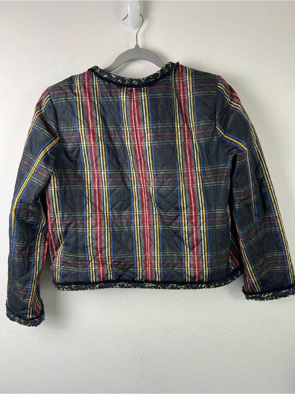 J. Crew Quilted Lady Stewart Tartan Plaid with Braided Trim Collarless Jacket